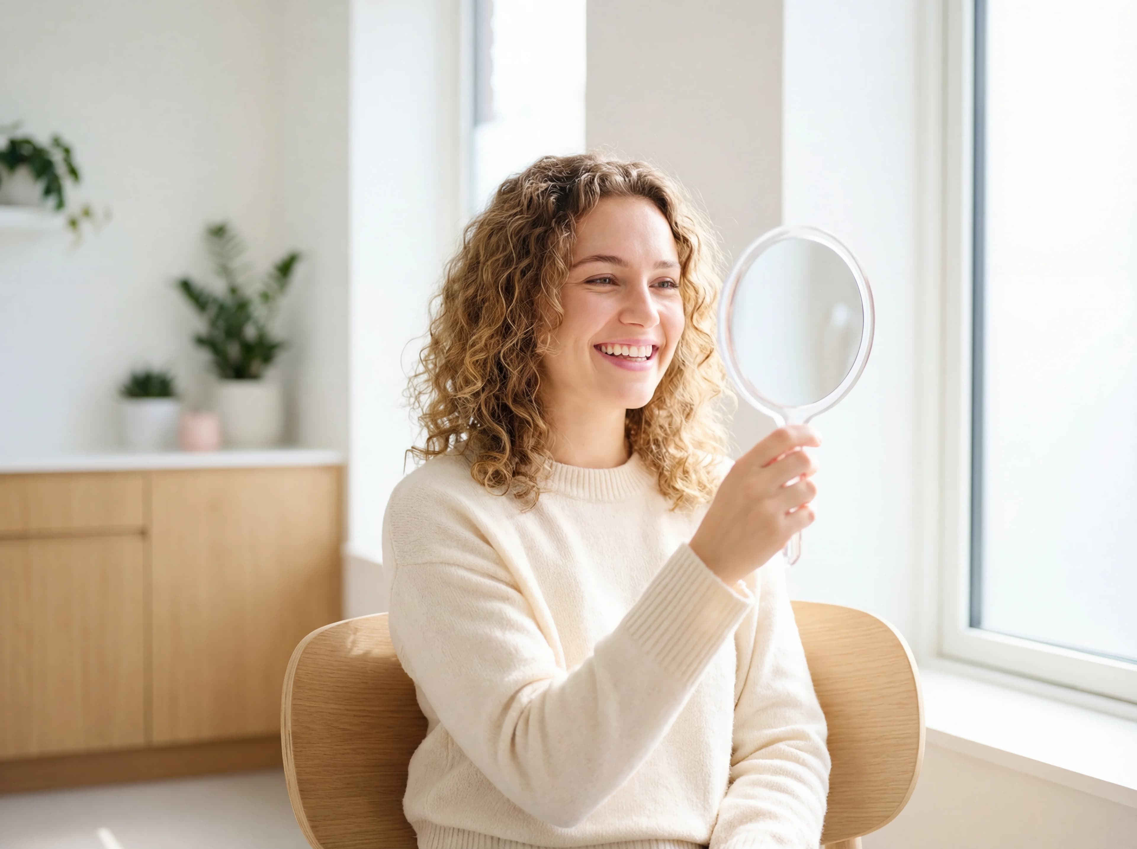 Junge Patientin mit strahlendem Lächeln nach professioneller Zahnreinigung